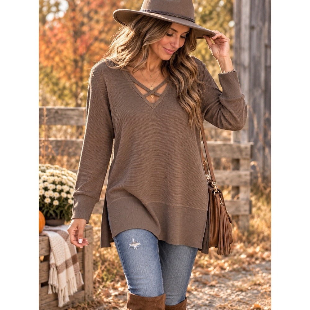 Kate & Mallory Women's L Brown Criss Cross Neck Tunic Sweater Long Sleeve EE61